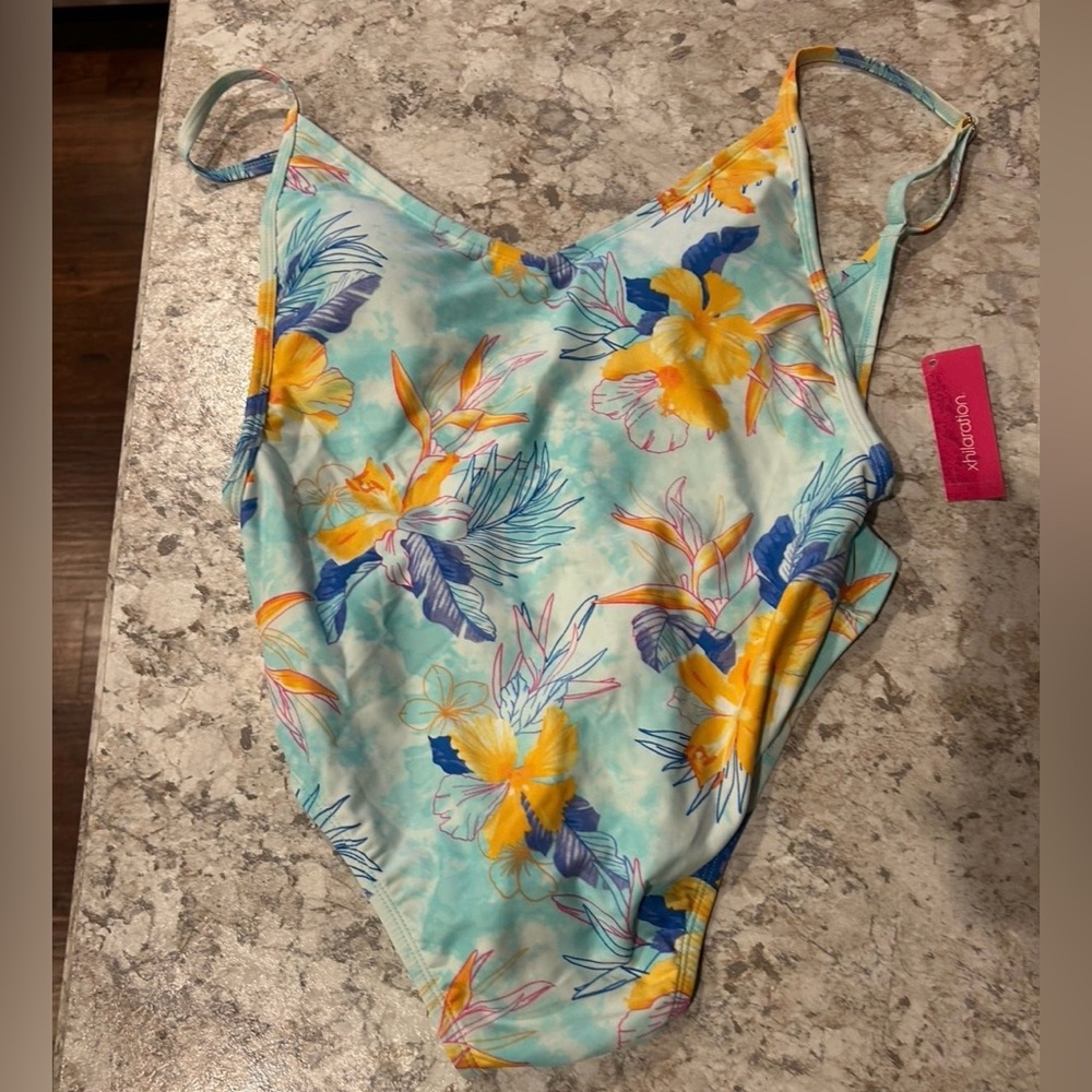 Xhilaration One Piece Swimsuit XL side cleavage floral blue NWT